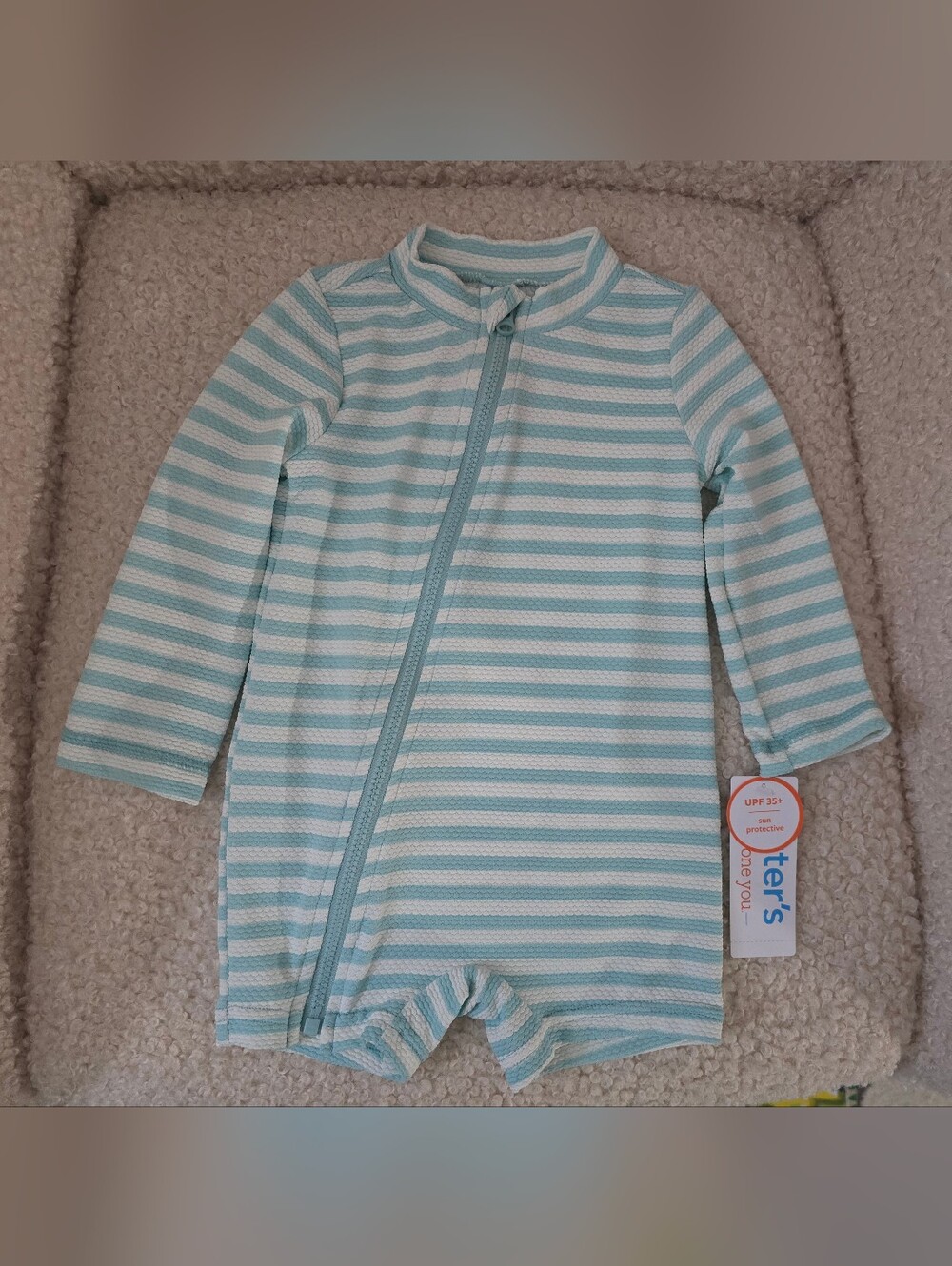 Carter's Blue and White Striped Baby Zip Swim Romper